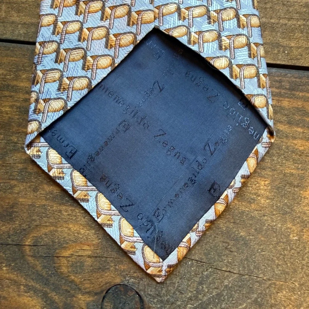 Ermenegildo Zegna Silk Tie OS Geometric Chair Pattern Blue Tan Italy Luxury